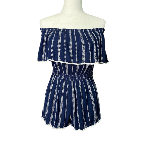 LULU'S | sz S Women's Blue/White Striped See Ya There Off Shoulder Ruffle Romper - Picture 4 of 6